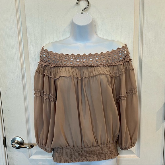 Miss Avenue Tops - Miss Avenue Off the Shoulder Brown Ruffled Smocked Blouse - 1D